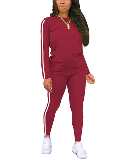 Women's Striped Print Long Sleeve Top & Pants Two-piece Set
