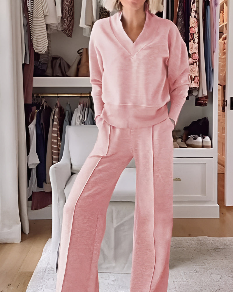 Women's Solid Color V-neck Top & Pants Two-piece Set