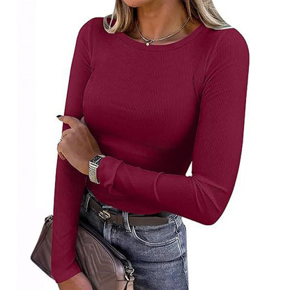Women Long Sleeve Crewneck Rib Knit Slim Fit Shirts Basic Tee Tops