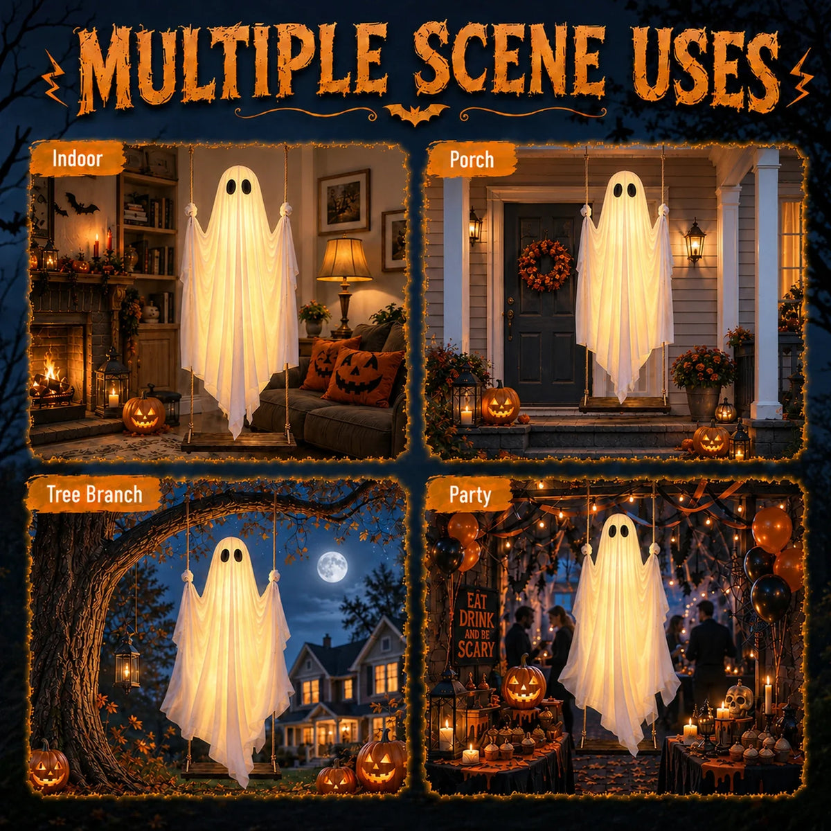 Lighted ghost swing shown in indoor porch tree and party displays