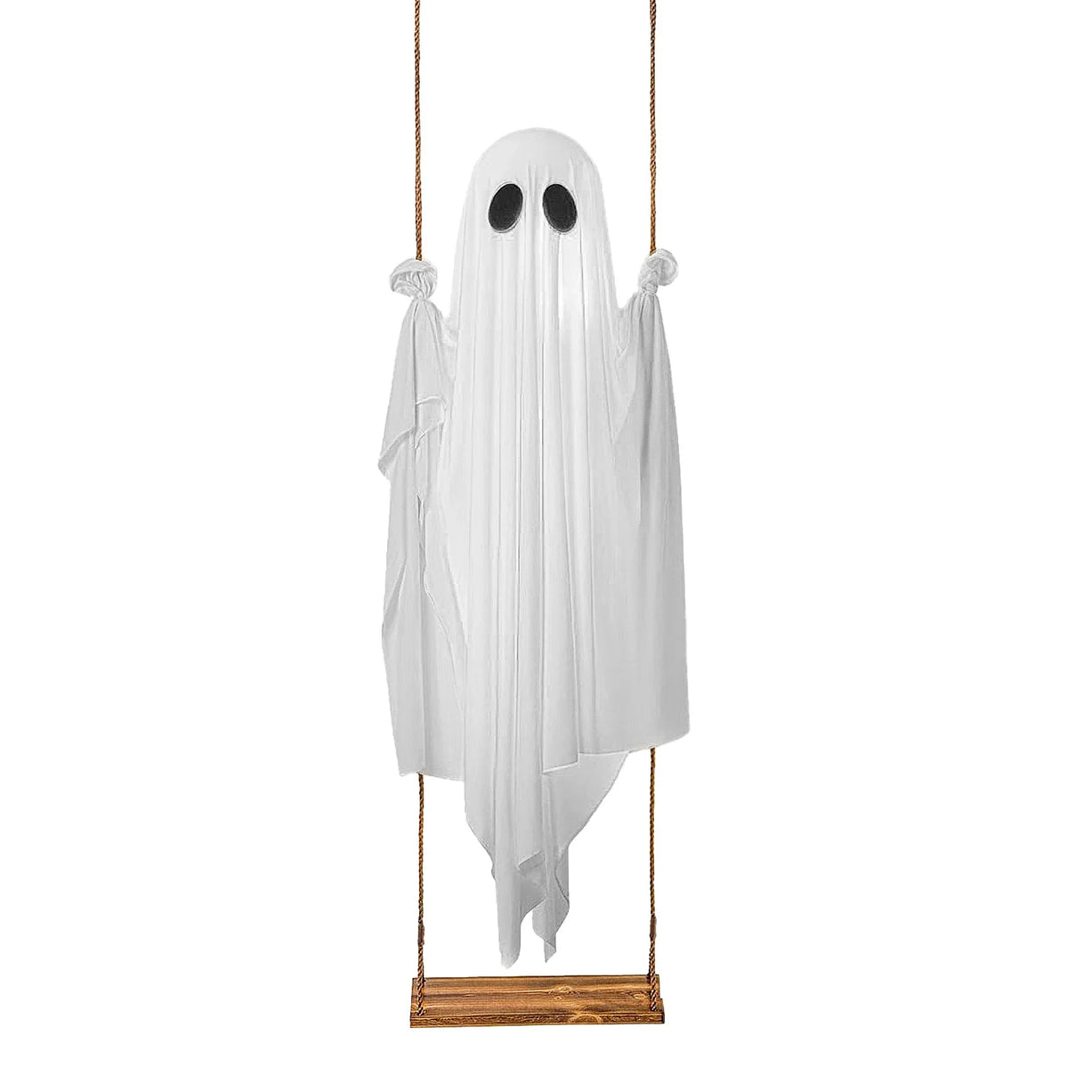 Non-lighted white swinging ghost decoration on a suspended seat