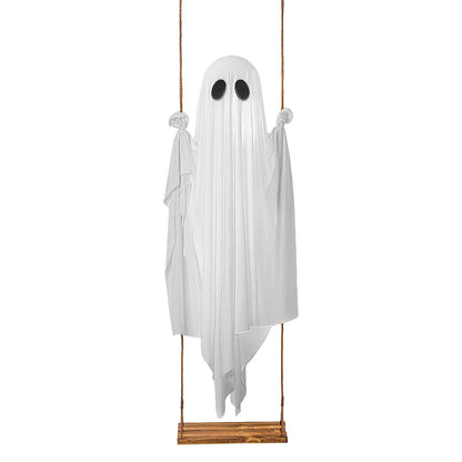 Non-lighted white swinging ghost decoration on a suspended seat