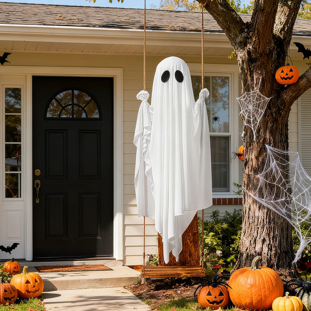 Non-lighted swinging ghost decoration in a Halloween yard